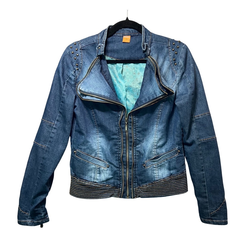 JouJou Women's Denim Moto Jacket Studded Shoulder Zip Pockets Blue Size M